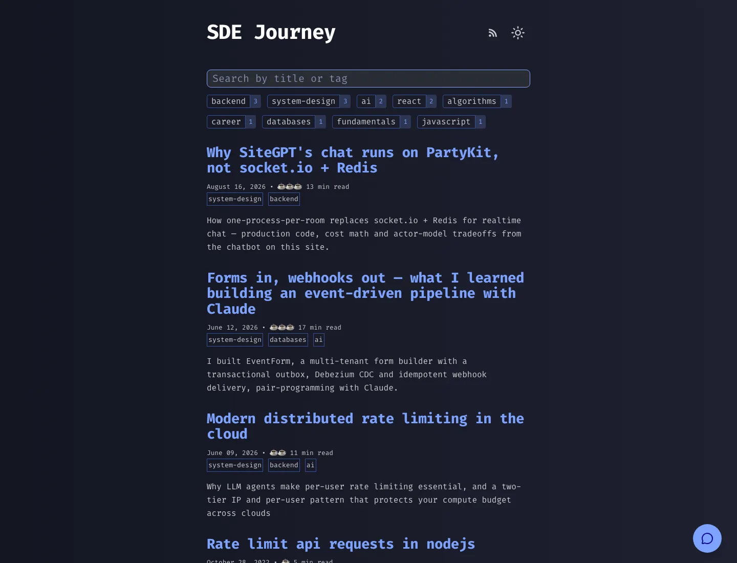 The blog today, running on Astro — starfield background, the same SDE Journey title, filter chips for the new tag vocabulary and the chat launcher in the corner