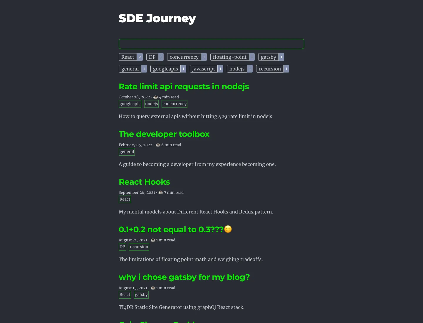 The old Gatsby blog as archived in 2023 — dark background, green monospace post titles, tag chips and a search bar, with "why i chose gatsby for my blog?" sitting in the list of posts